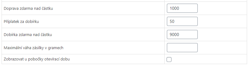 Nastavení dobírky a dopravy zdarma u Woo Balík na Slovenskou poštu
