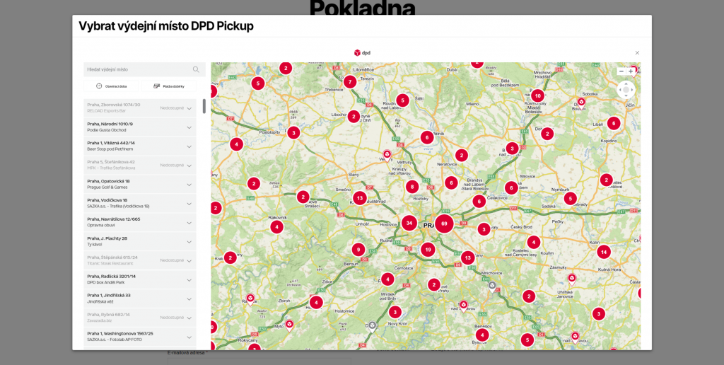 DPD widget pro výběr poboček