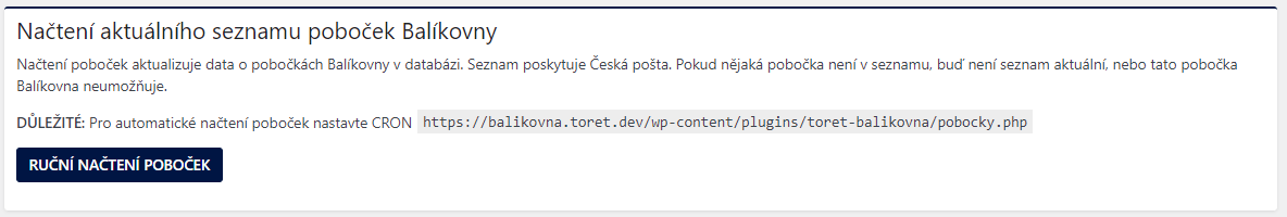 Načtení aktuálního seznamu poboček Balíkovny
