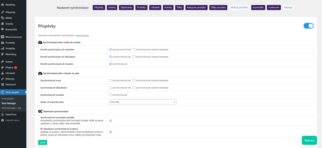 Nastavení synchronizace provedete v pluginu Toret Manager v administracích e-shopů, které chcete propojit.