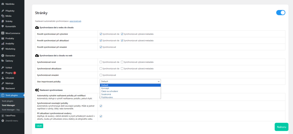 Výběr stavu importovaných položek provedete v nastavení pluginu Toret Manager