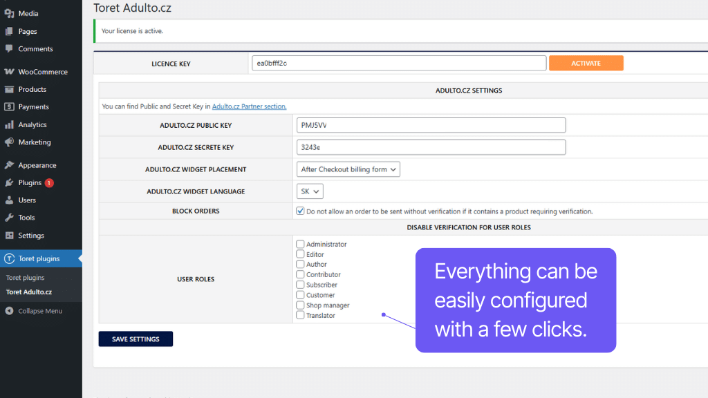 Plugin Toret Adulto for WooCommerce - settings