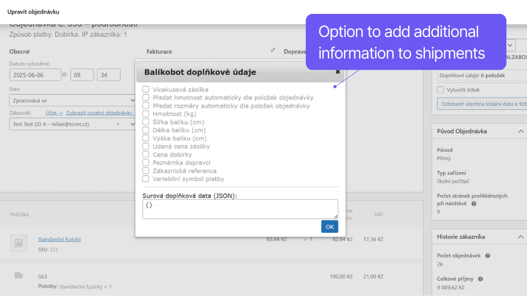 Plugin Toret Balíkobot for WooCommerce - additional shipment data