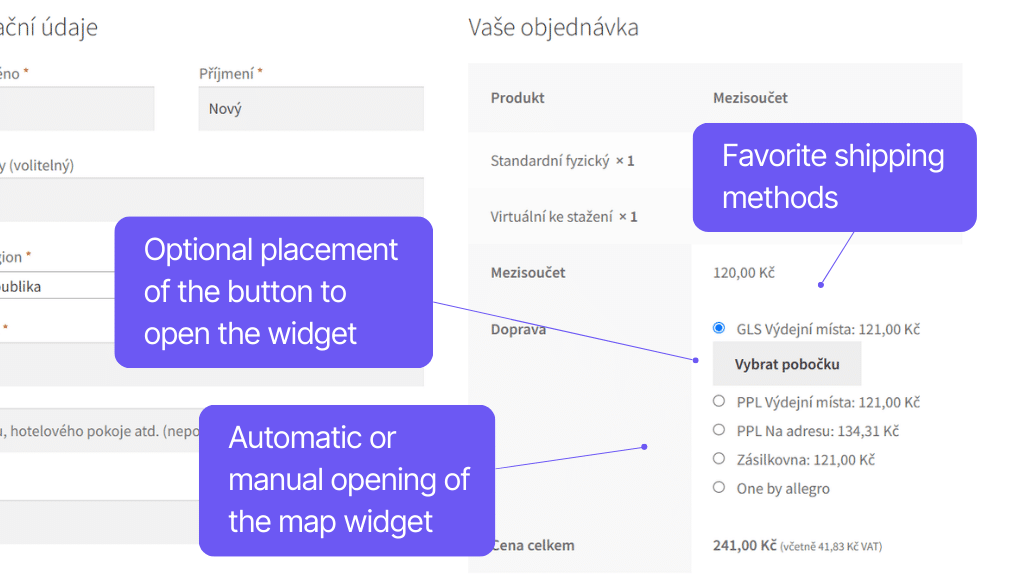 Plugin Toret Balíkobot for WooCommerce - checkout display