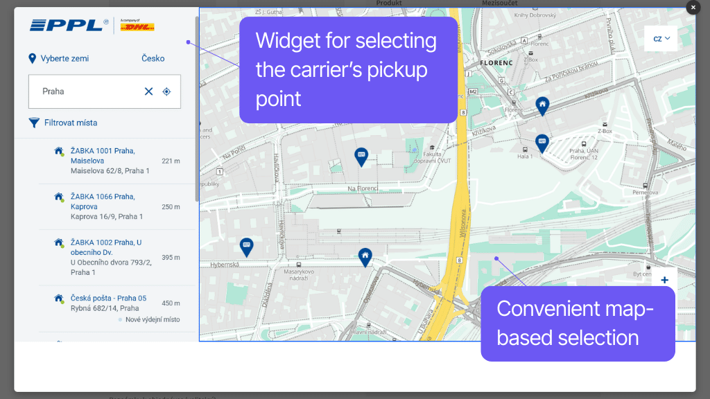 Plugin Toret Balíkobot for WooCommerce - map widget