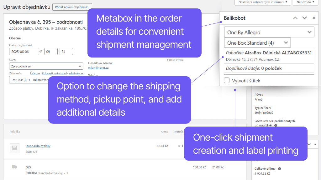 Plugin Toret Balíkobot for WooCommerce - order detail