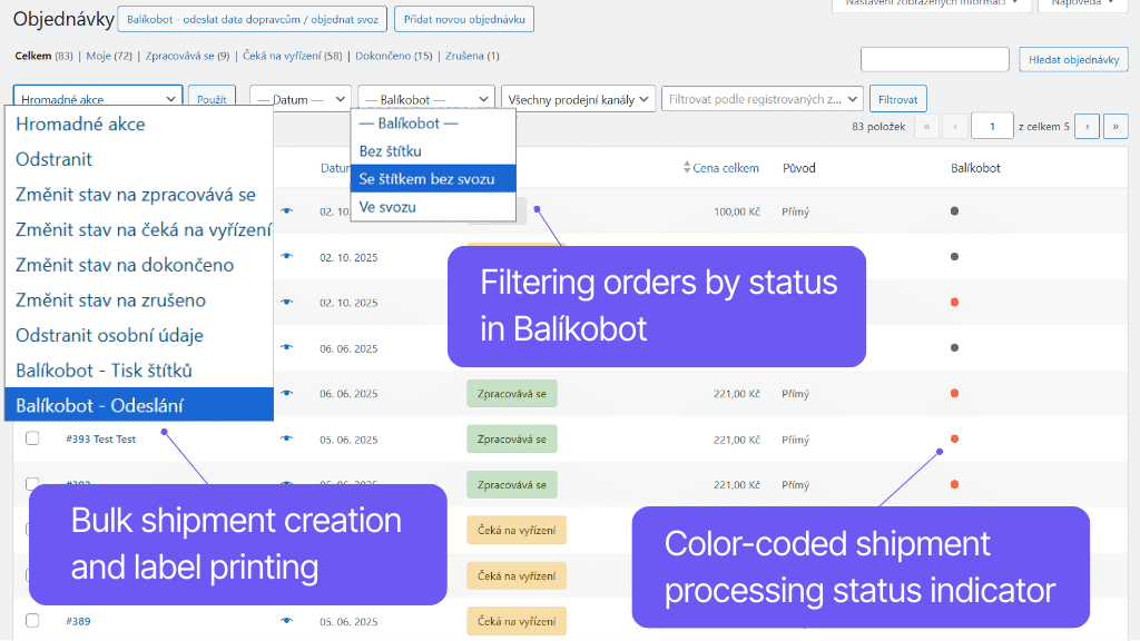 Plugin Toret Balíkobot for WooCommerce - order overview