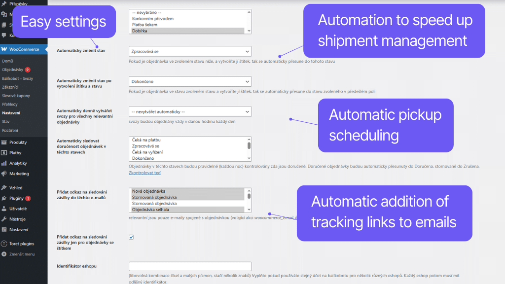 Plugin Toret Balíkobot for WooCommerce - settings