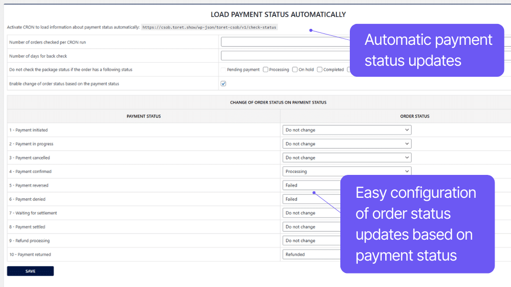 Plugin Toret ČSOB for WooCommerce - order status change settings based on payment status