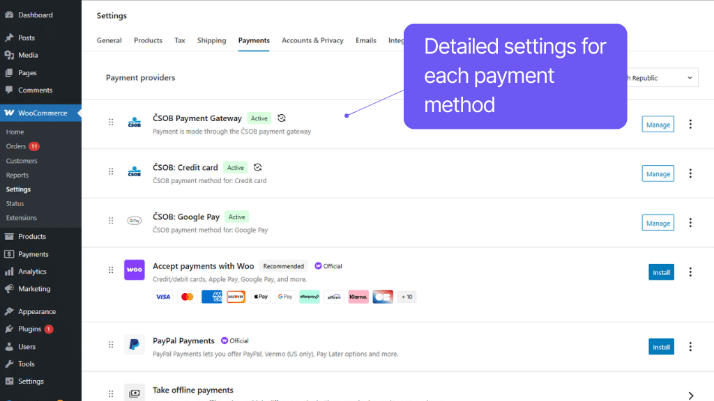 Plugin Toret ČSOB for WooCommerce - payment method settings