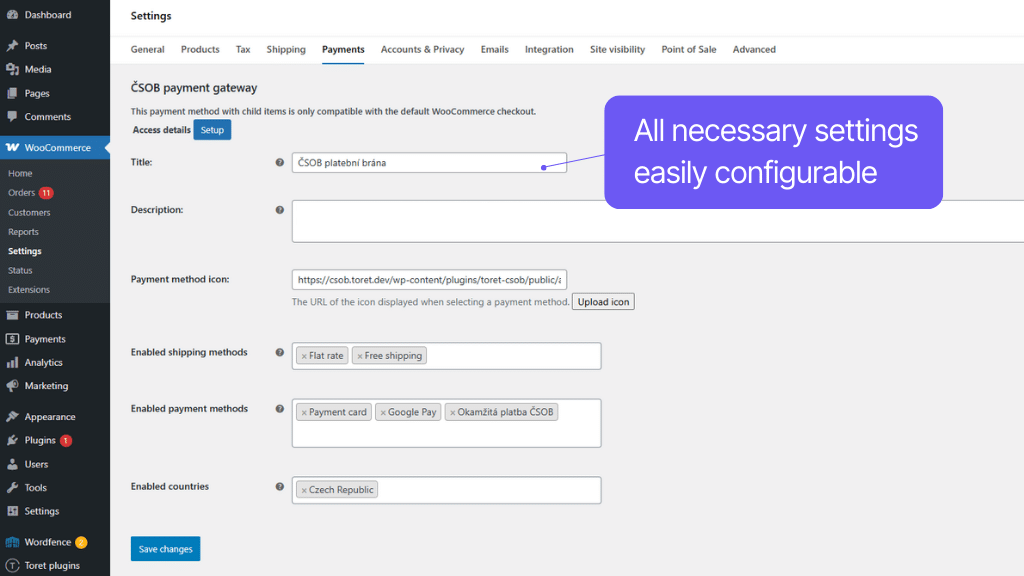 Plugin Toret ČSOB for WooCommerce - payment method settings
