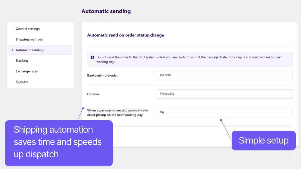 Plugin Toret DPD for WooCommerce - automation settings
