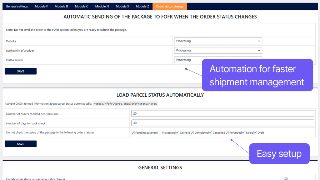 Plugin Toret FOFR for WooCommerce - automation settings