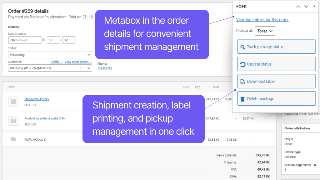 Plugin Toret FOFR for WooCommerce - order detail
