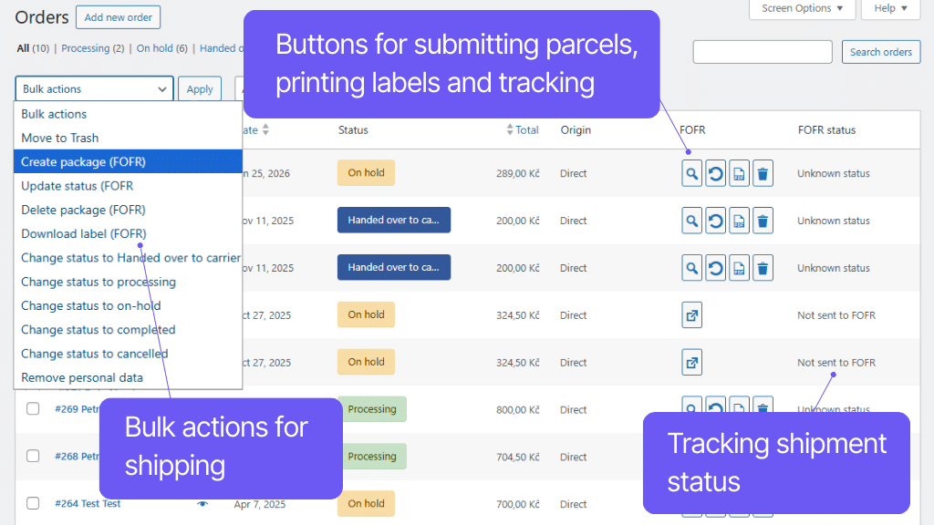 Plugin Toret FOFR for WooCommerce - order overview