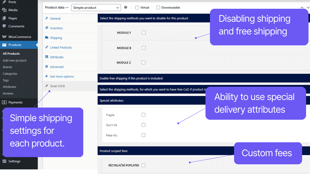 Plugin Toret FOFR for WooCommerce - product settings