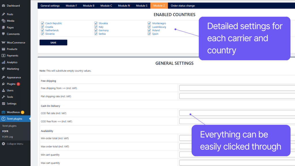 Plugin Toret FOFR for WooCommerce - shipping settings