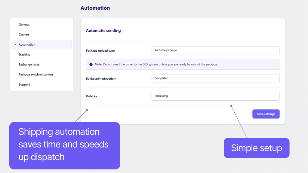 Plugin Toret GLS for WooCommerce - automation settings