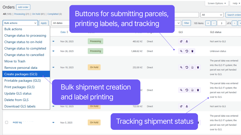 Plugin Toret GLS for WooCommerce - order management