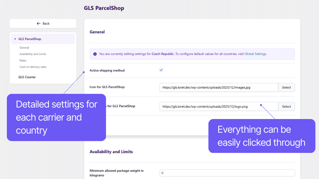 Plugin Toret GLS for WooCommerce - shipping settings