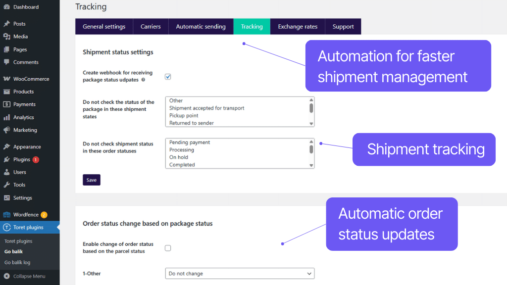 Plugin Toret GO balík for WooCommerce - automation settings
