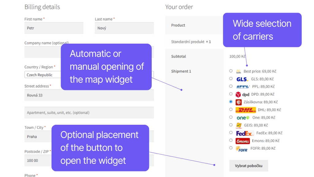 Plugin Toret GO balík for WooCommerce - checkout display
