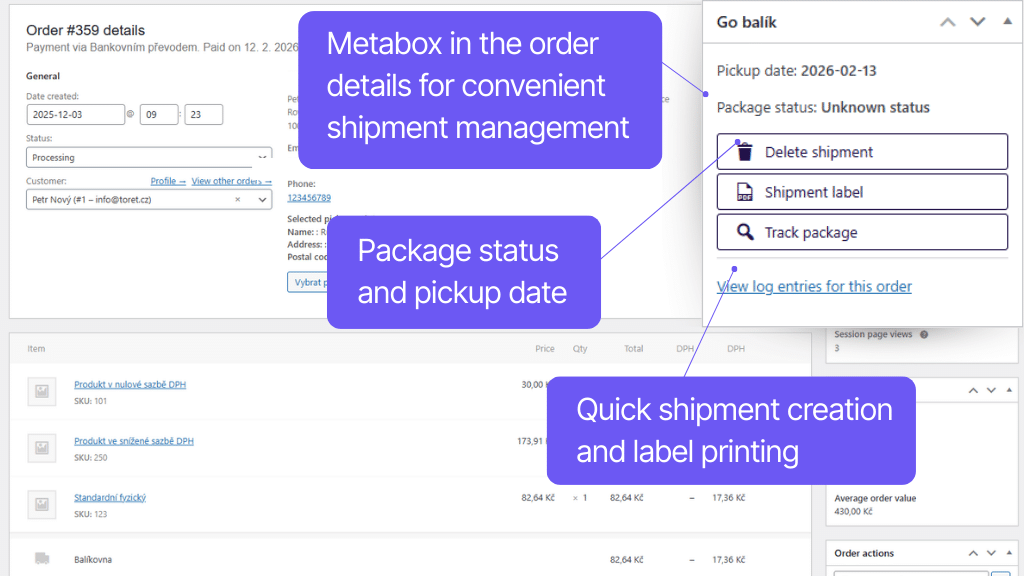 Plugin Toret GO balík for WooCommerce - order detail