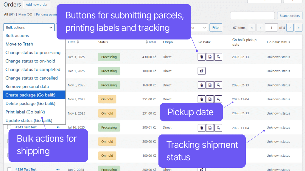 Plugin Toret GO balík for WooCommerce - order overview