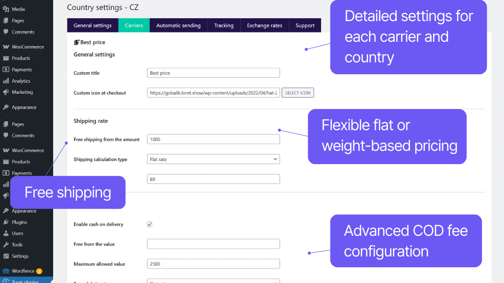 Plugin Toret GO balík for WooCommerce - price settings