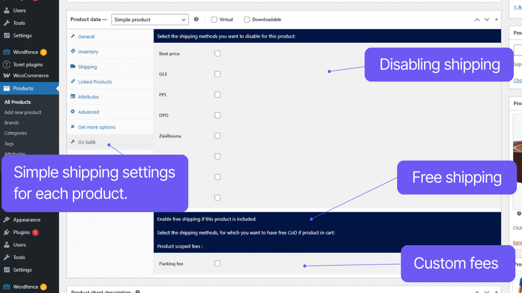 Plugin Toret GO balík for WooCommerce - product settings