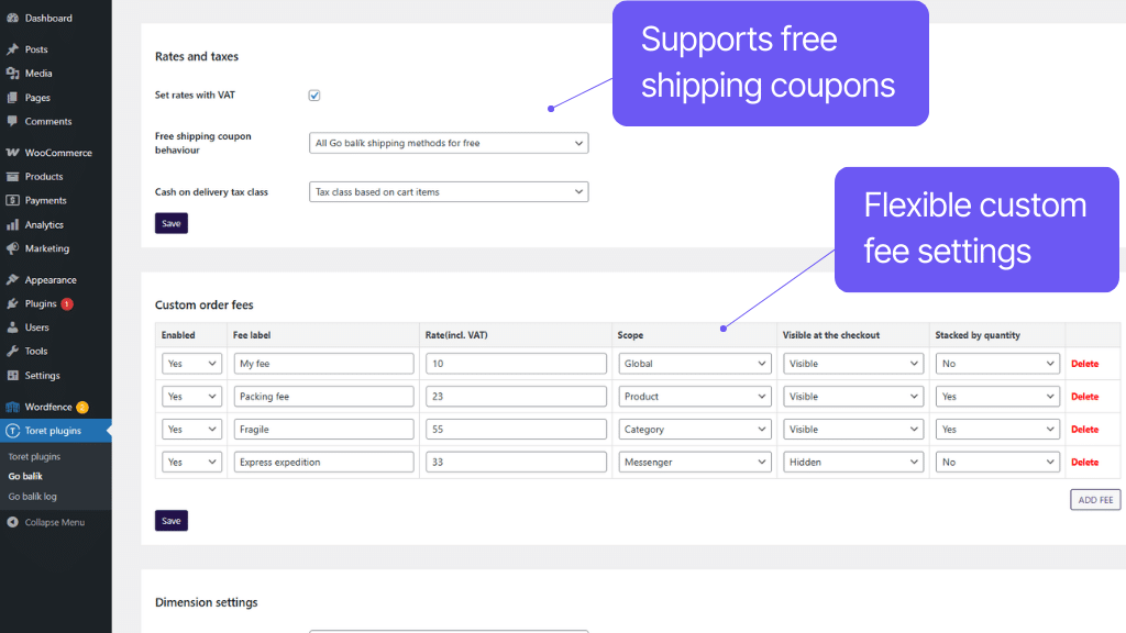 Plugin Toret GO balík for WooCommerce - surcharge settings