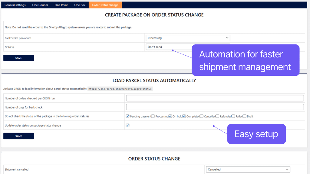 Plugin Toret One by Allegro for WooCommerce - automation settings