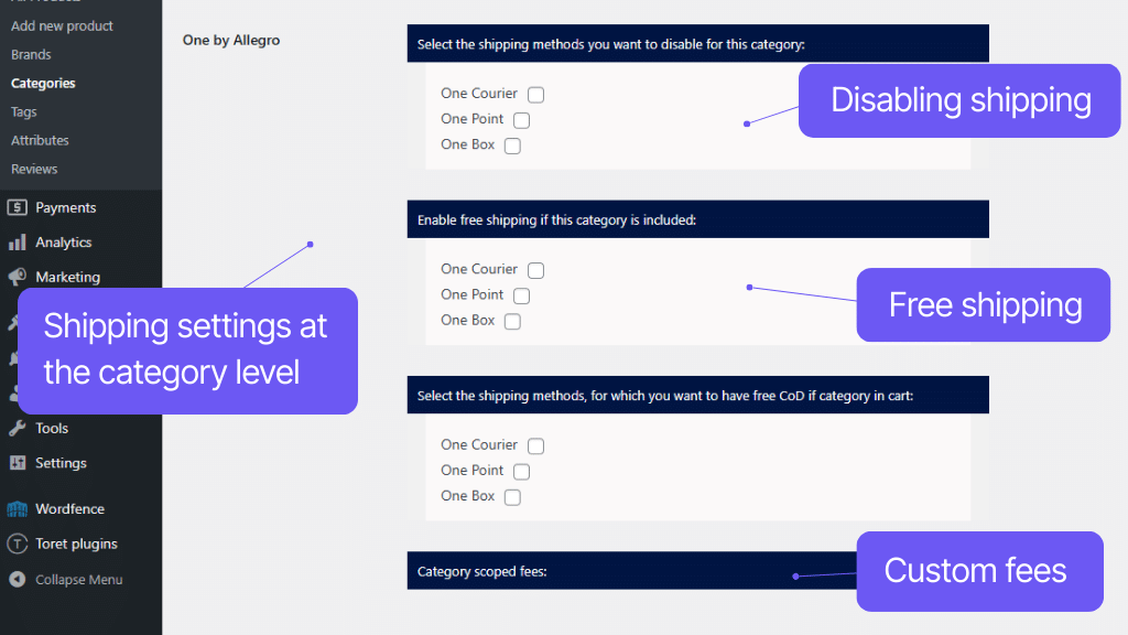 Plugin Toret One by Allegro for WooCommerce - category level settings