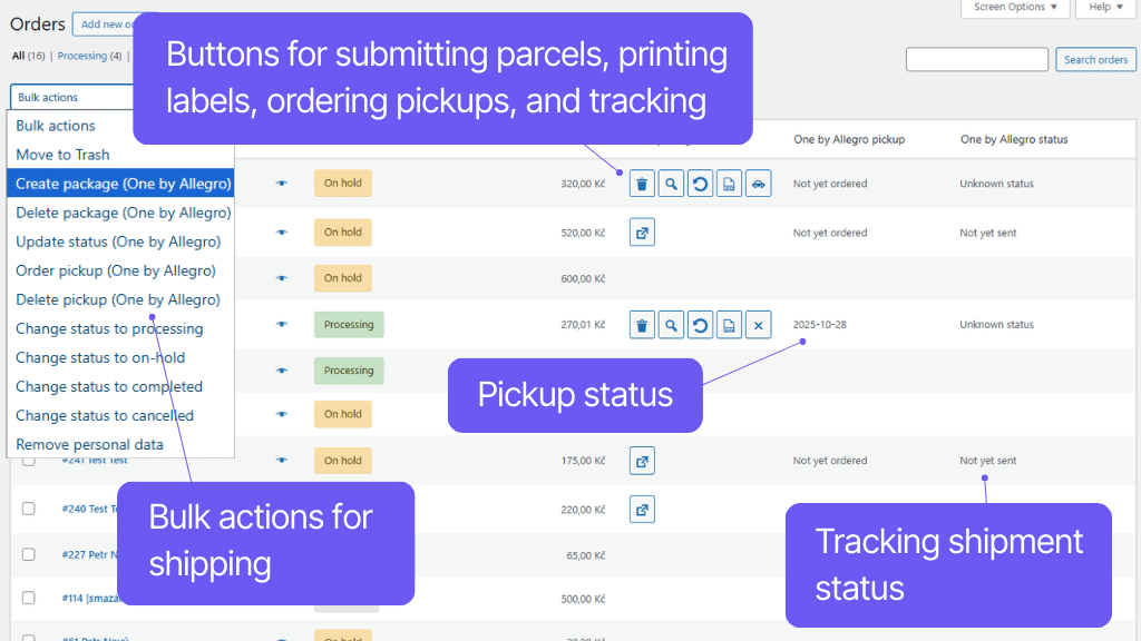 Plugin Toret One by Allegro for WooCommerce - order overview