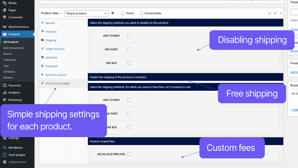 Plugin Toret One by Allegro for WooCommerce - product level settings