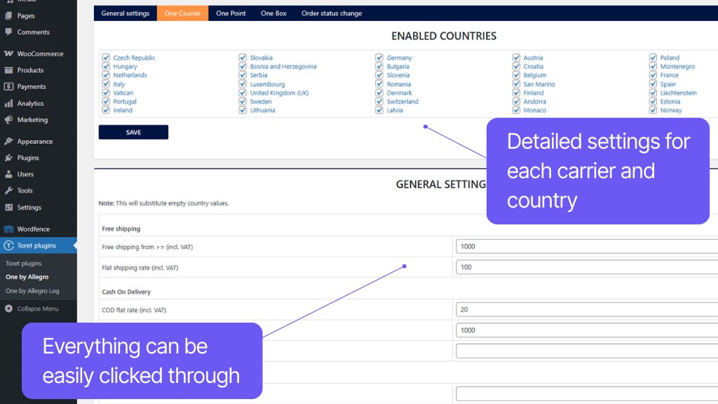 Plugin Toret One by Allegro for WooCommerce - shipping settings