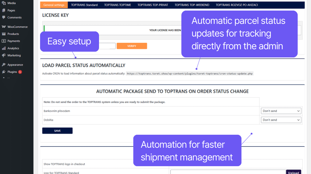 Plugin Toret TOPTRANS for WooCommerce - automation settings