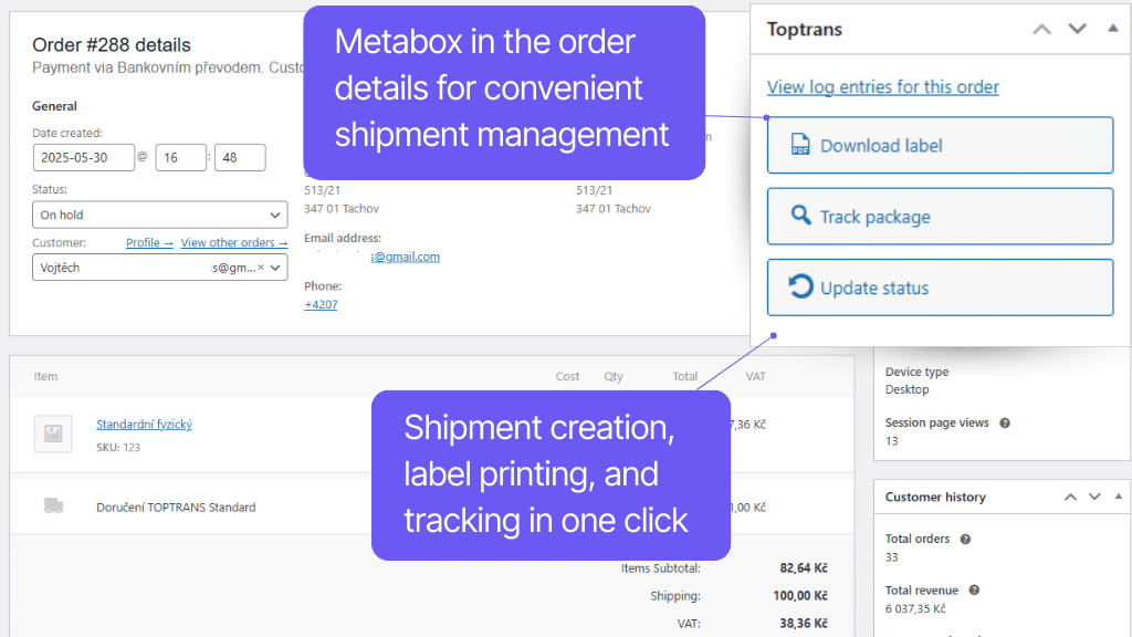 Plugin Toret TOPTRANS for WooCommerce - order detail