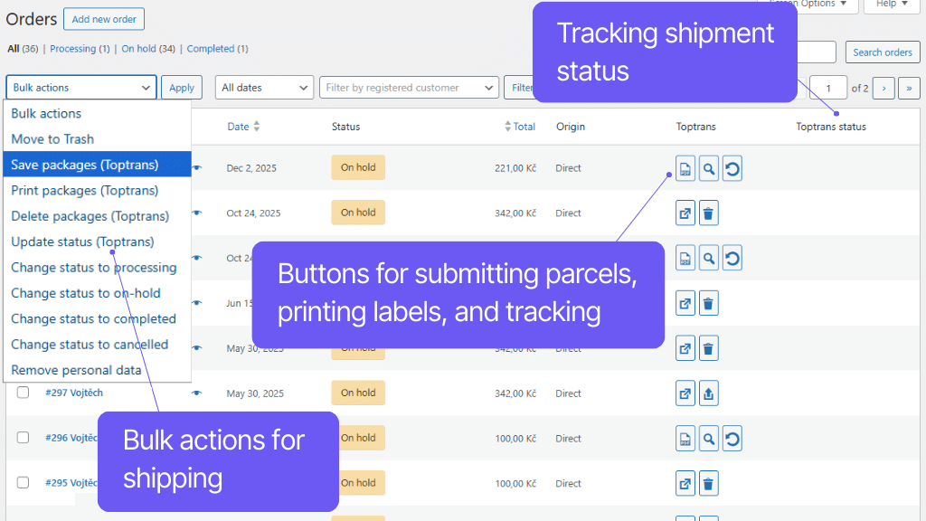Plugin Toret TOPTRANS for WooCommerce - order overview