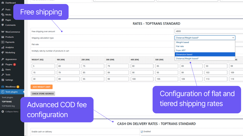 Plugin Toret TOPTRANS for WooCommerce - price and COD settings