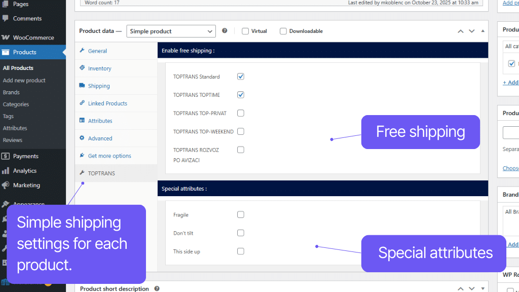 Plugin Toret TOPTRANS for WooCommerce - product settings
