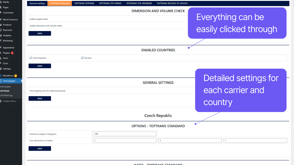 Plugin Toret TOPTRANS for WooCommerce - shipping settings