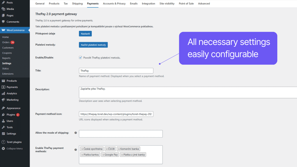 Plugin Toret ThePay for WooCommerce - payment method settings