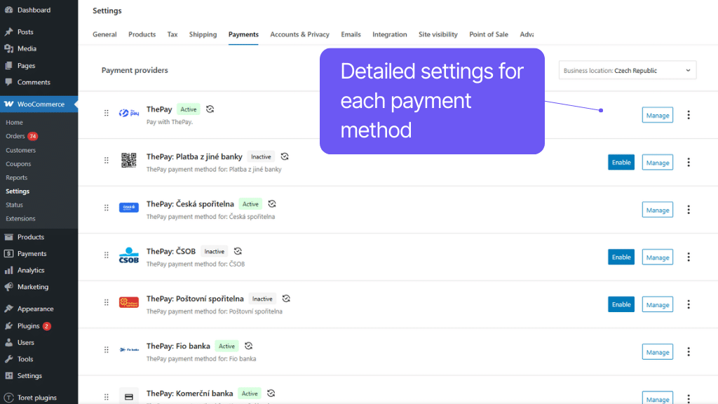 Plugin Toret ThePay for WooCommerce - payment methods settings