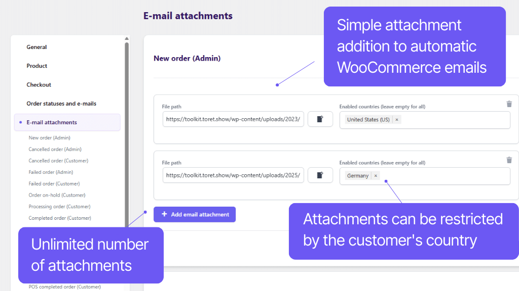 Plugin Toret Toolkit for WooCommerce - email attachment settings