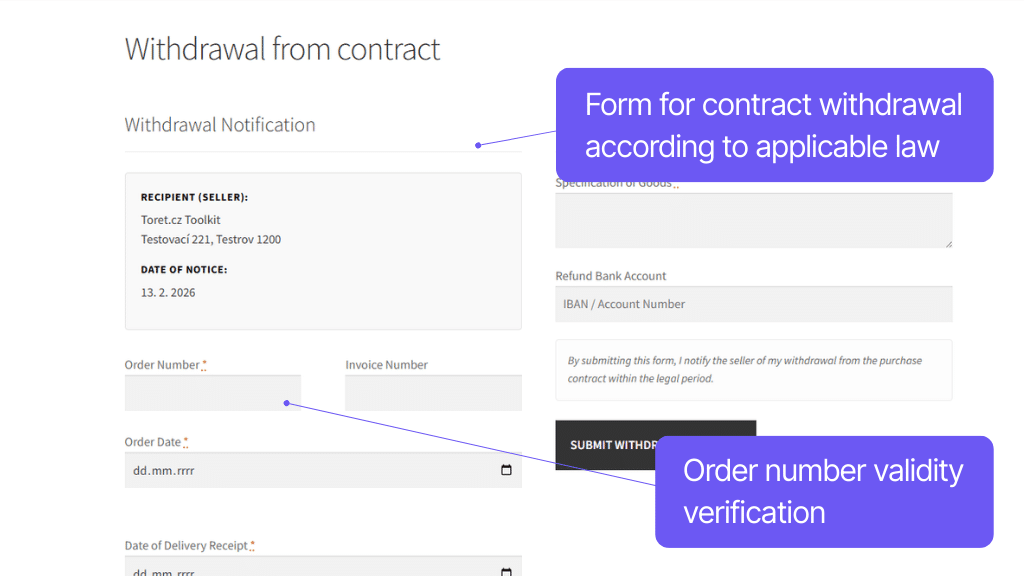Plugin Toret Toolkit for WooCommerce - form for withdrawal from contract