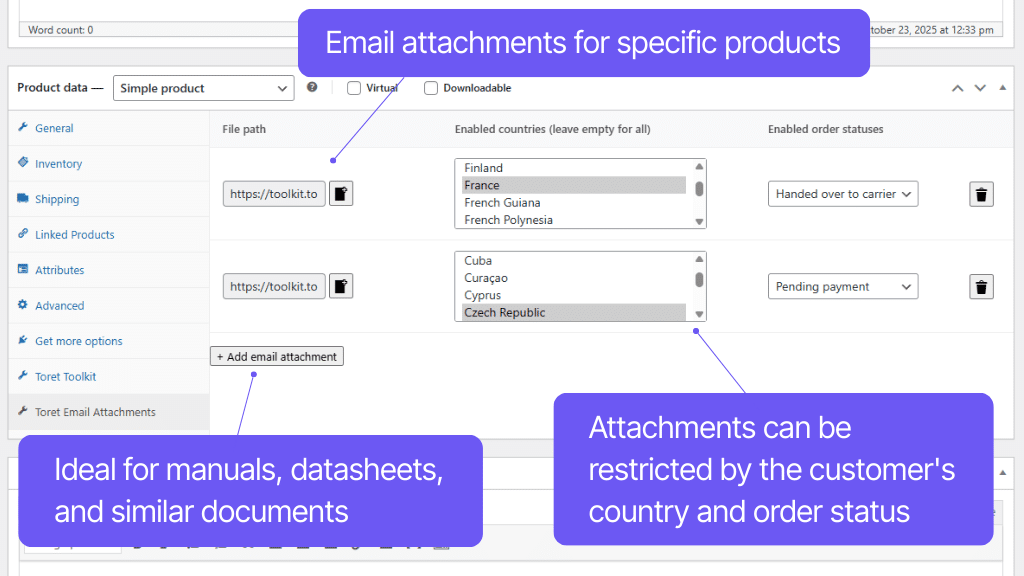 Plugin Toret Toolkit for WooCommerce - product email attachment settings