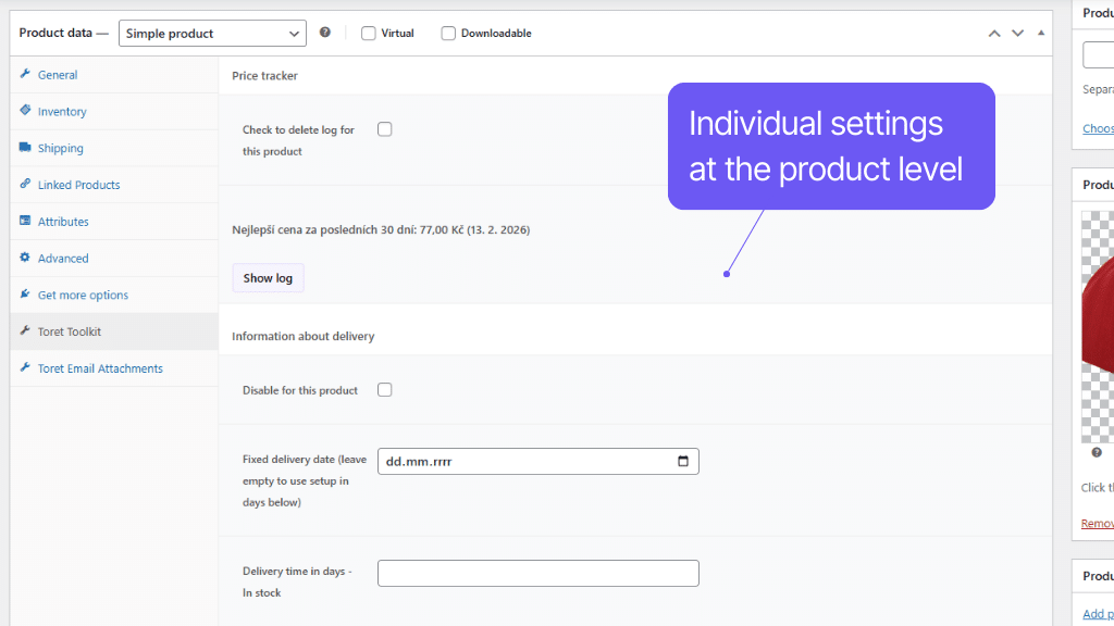 Plugin Toret Toolkit for WooCommerce - product features - settings