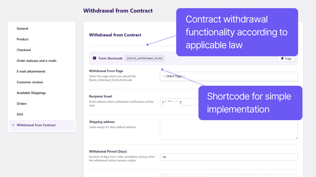 Plugin Toret Toolkit for WooCommerce - setting functions for contract withdrawal