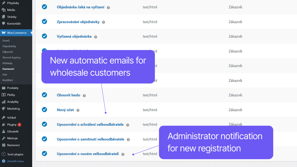 Plugin Toret Wholesale for WooCommerce - automatic emails
